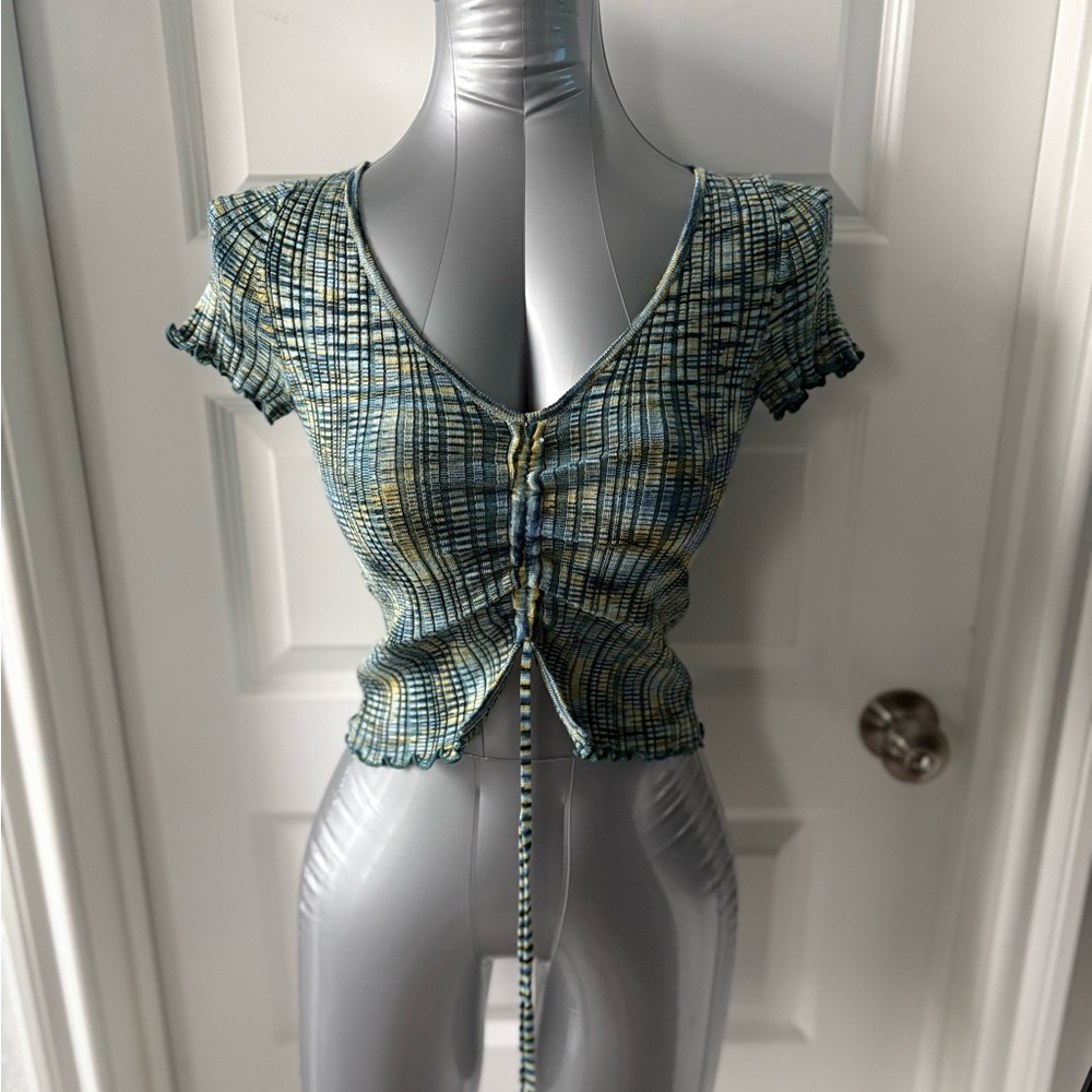 Arizona Jean Company Blue Plaid Ruched Blouse